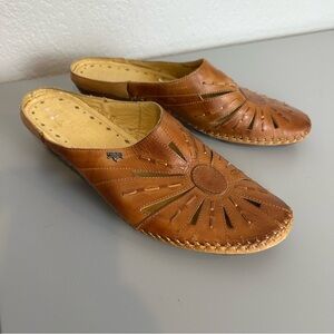 Pikolinos Brown Leather Embroidered Slip On Mule